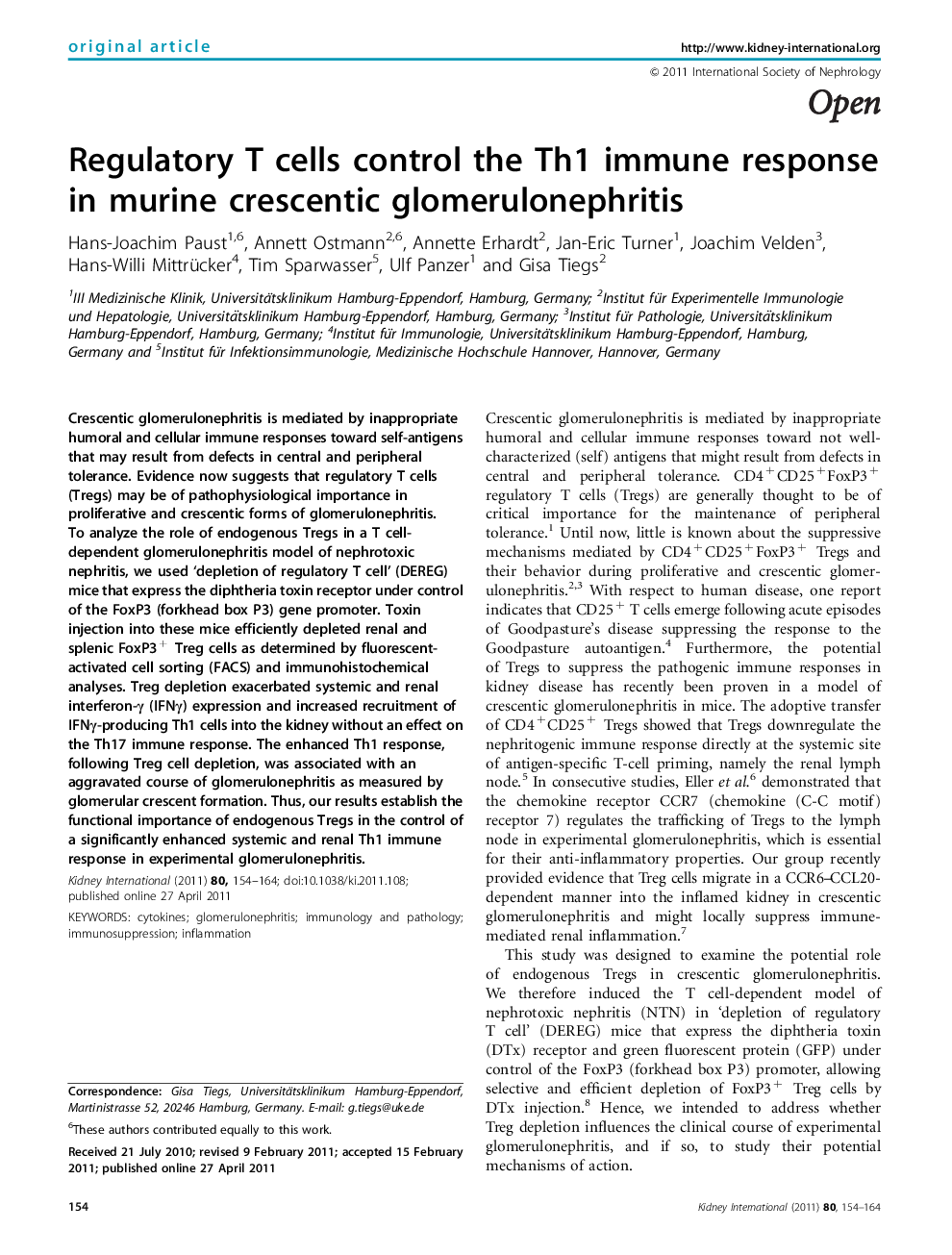 Regulatory T cells control the Th1 immune response in murine crescentic glomerulonephritis