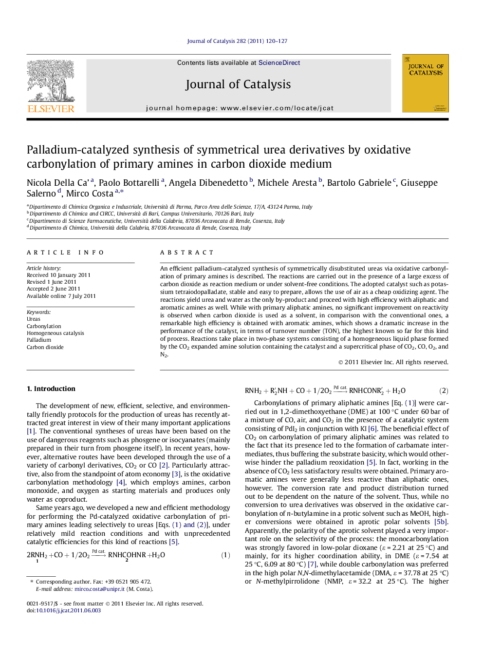 Palladium-catalyzed synthesis of symmetrical urea derivatives by oxidative carbonylation of primary amines in carbon dioxide medium