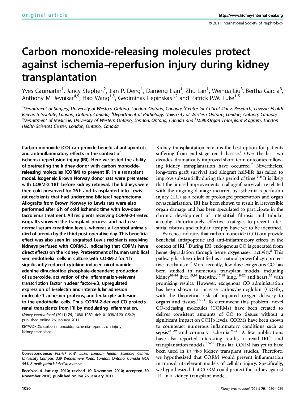 Carbon monoxide-releasing molecules protect against ischemia-reperfusion injury during kidney transplantation