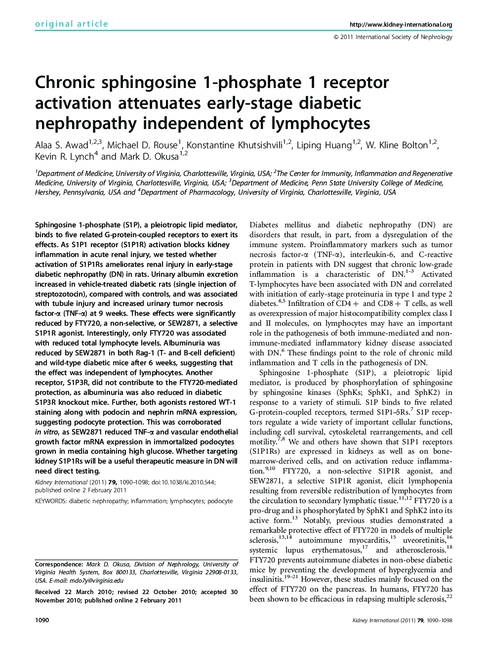 Chronic sphingosine 1-phosphate 1 receptor activation attenuates early-stage diabetic nephropathy independent of lymphocytes