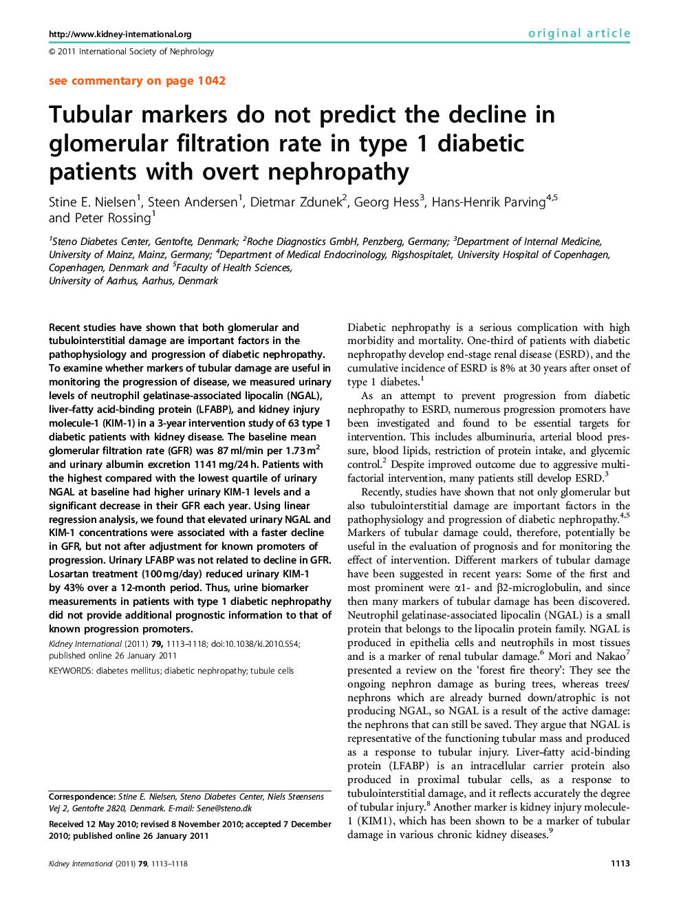 Tubular markers do not predict the decline in glomerular filtration rate in type 1 diabetic patients with overt nephropathy