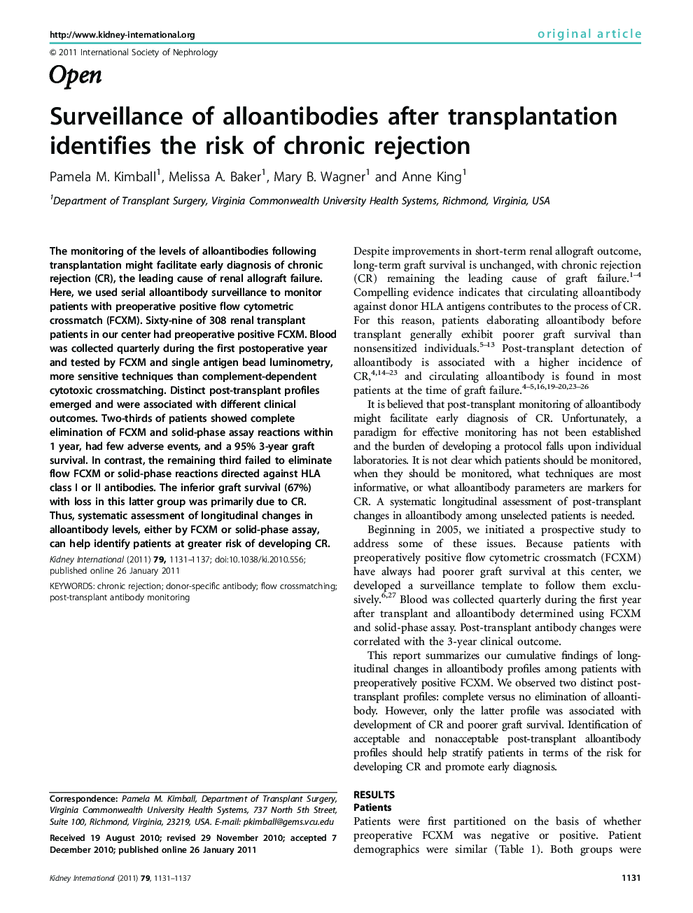 Surveillance of alloantibodies after transplantation identifies the risk of chronic rejection