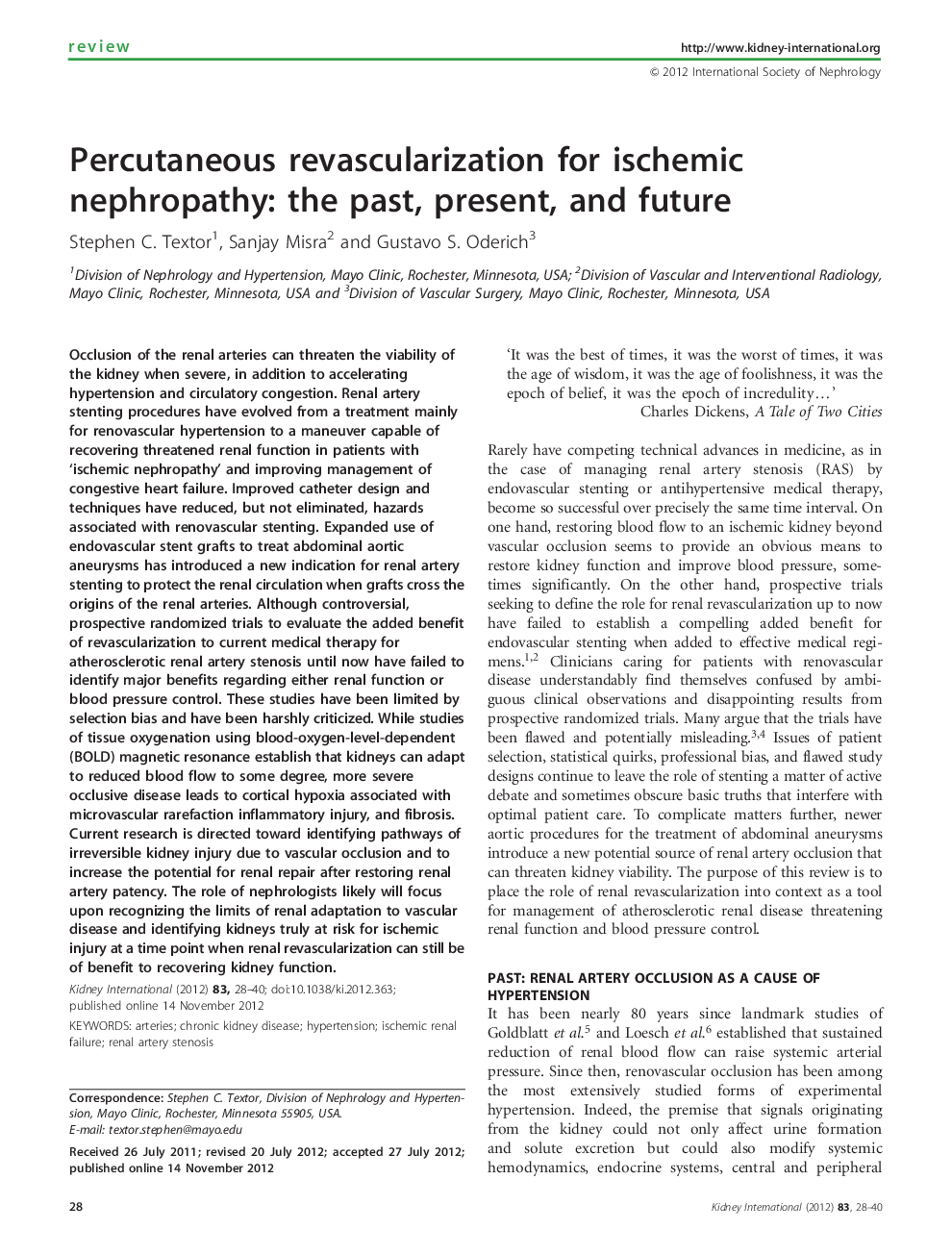 Percutaneous revascularization for ischemic nephropathy: the past, present, and future