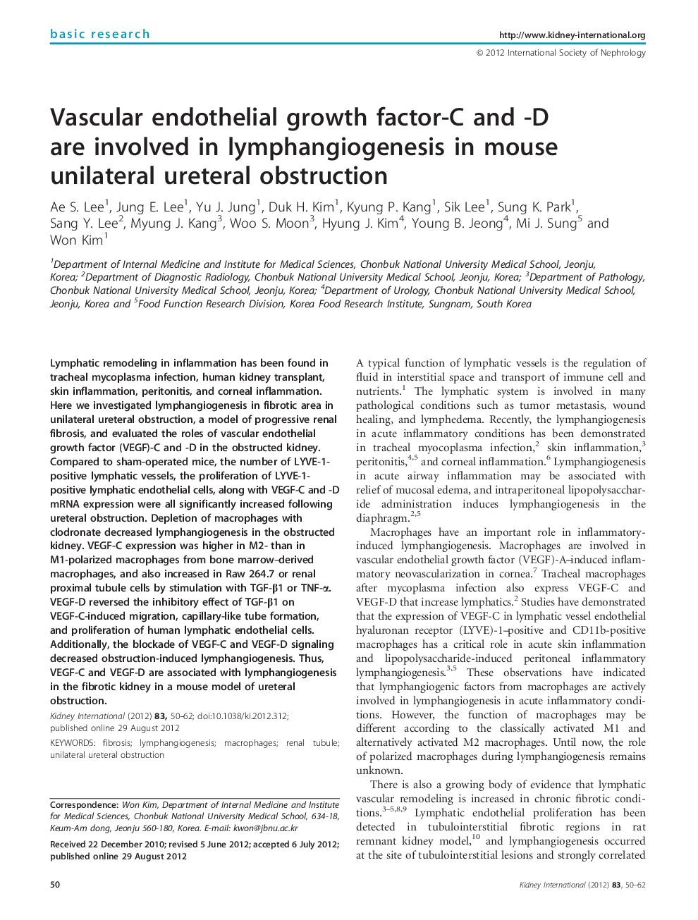 Vascular endothelial growth factor-C and -D are involved in lymphangiogenesis in mouse unilateral ureteral obstruction