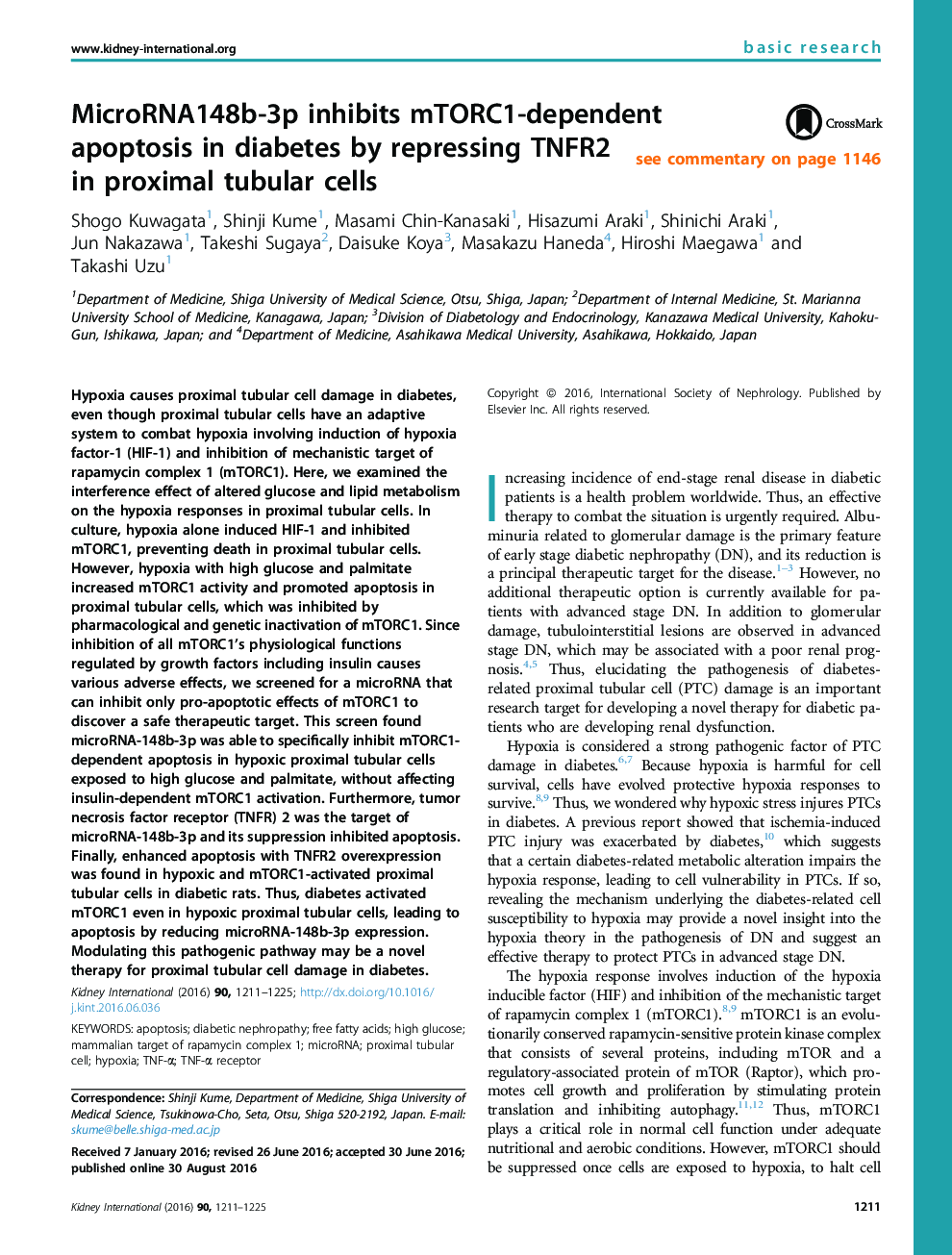 MicroRNA148b-3p inhibits mTORC1-dependent apoptosis in diabetes by repressing TNFR2 inÂ proximal tubular cells