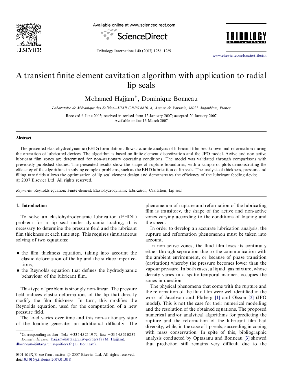 A transient finite element cavitation algorithm with application to radial lip seals