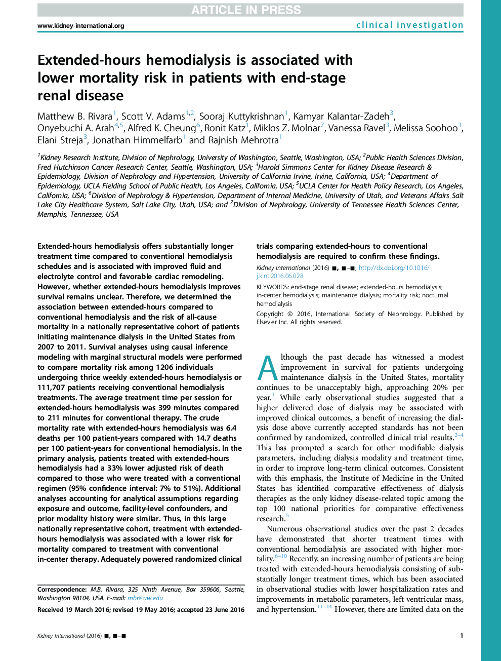 Extended-hours hemodialysis is associated withÂ lower mortality risk in patients with end-stageÂ renal disease