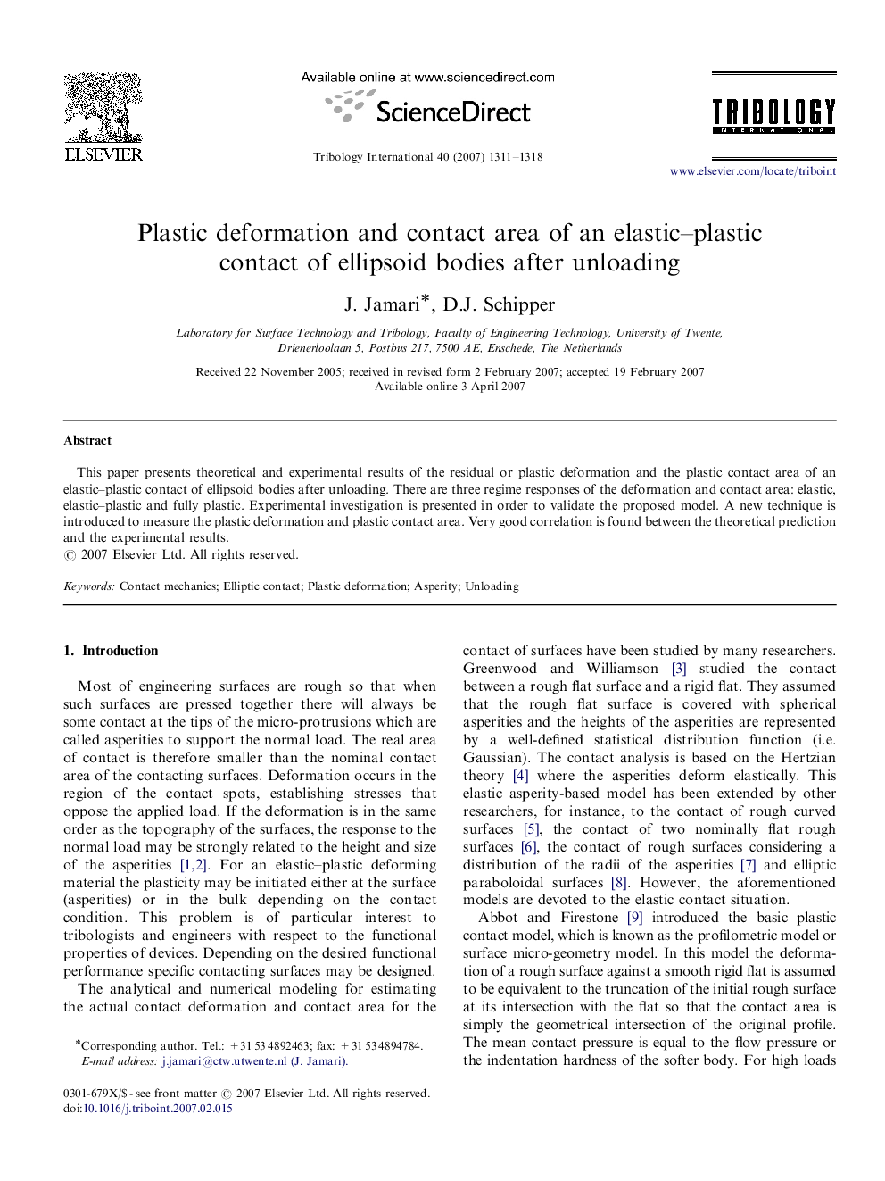 Plastic deformation and contact area of an elastic–plastic contact of ellipsoid bodies after unloading