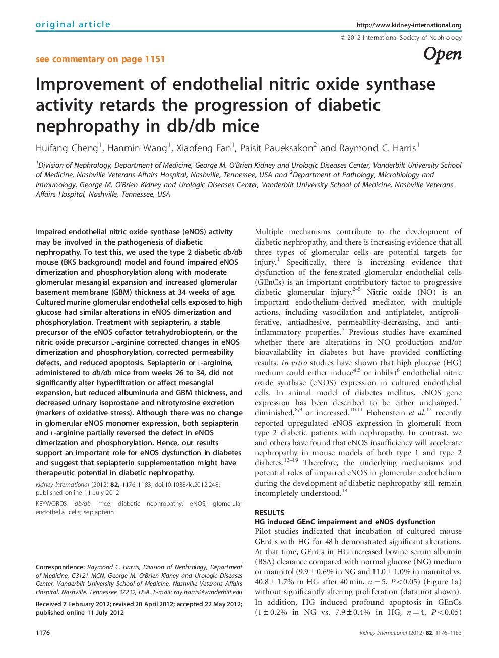 Improvement of endothelial nitric oxide synthase activity retards the progression of diabetic nephropathy in db/db mice