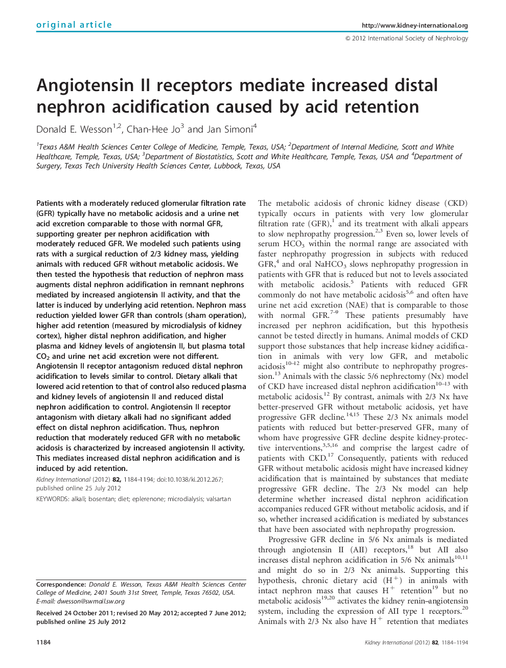 Angiotensin II receptors mediate increased distal nephron acidification caused by acid retention