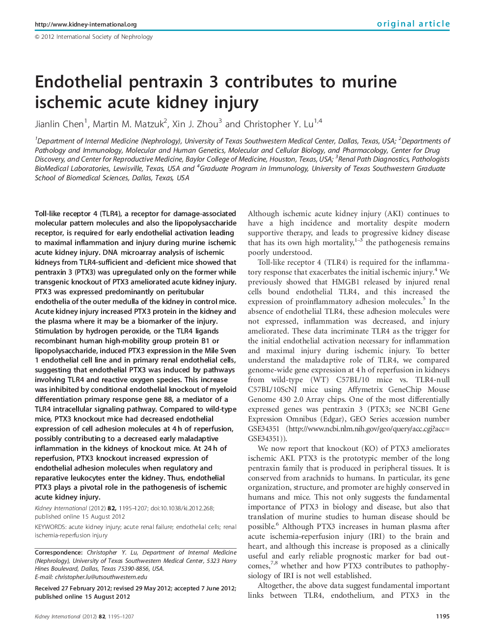 Endothelial pentraxin 3 contributes to murine ischemic acute kidney injury
