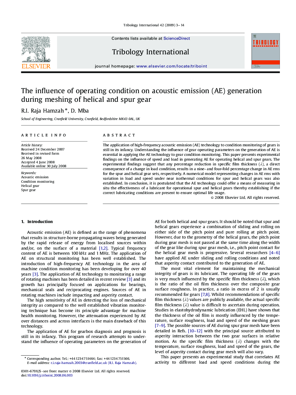 The influence of operating condition on acoustic emission (AE) generation during meshing of helical and spur gear