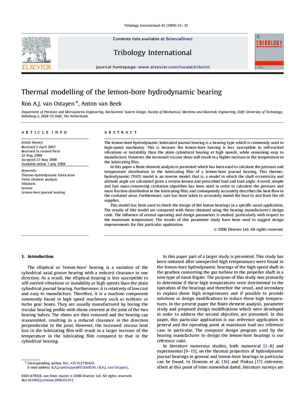 Thermal modelling of the lemon-bore hydrodynamic bearing