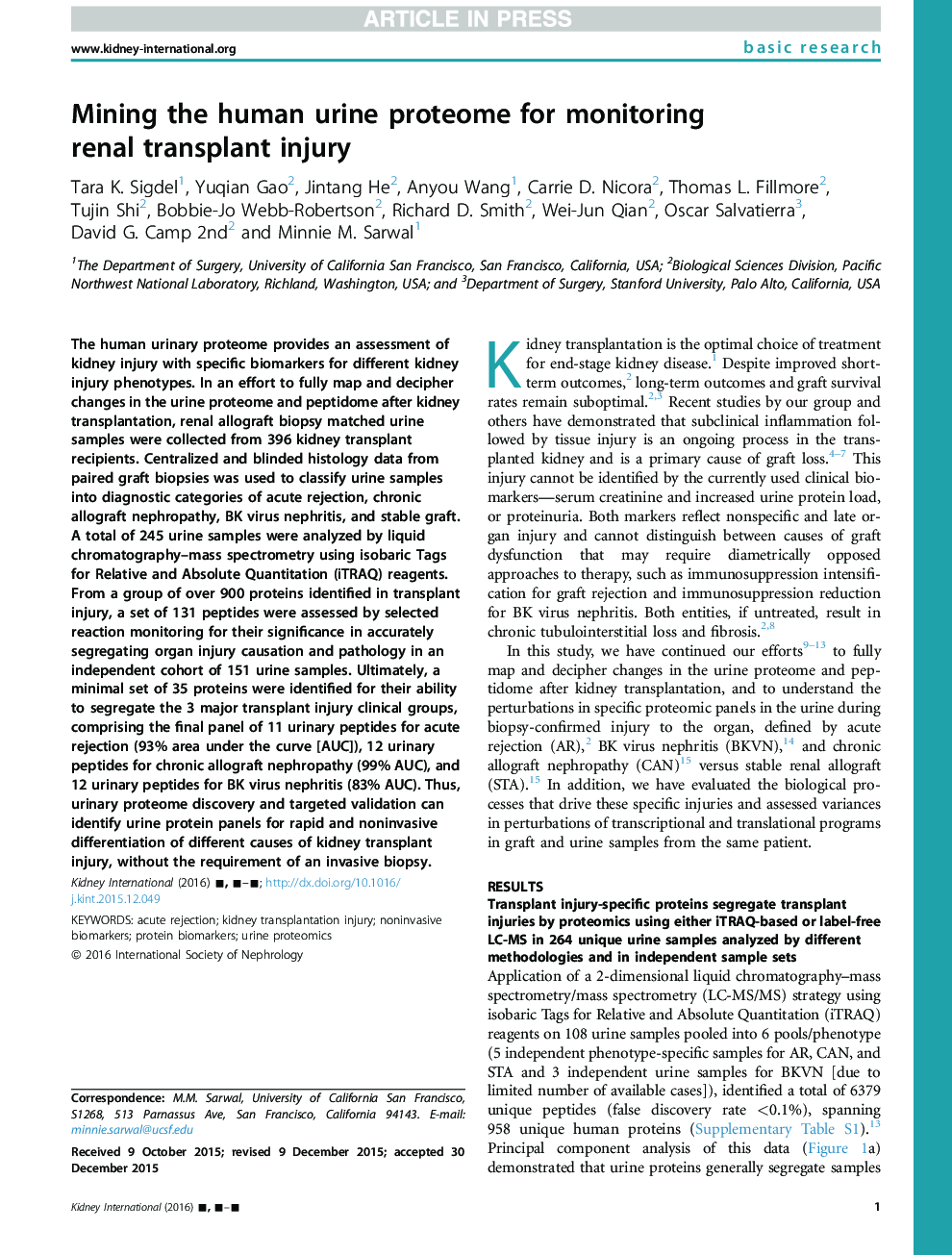 Mining the human urine proteome for monitoring renal transplant injury