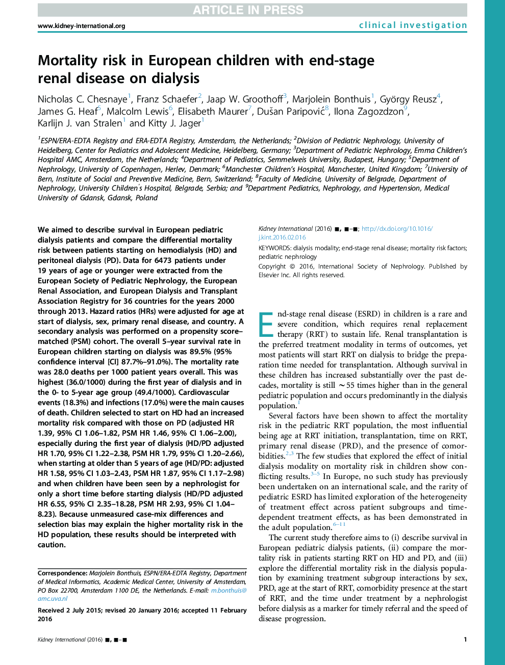 Mortality risk in European children with end-stage renal disease on dialysis