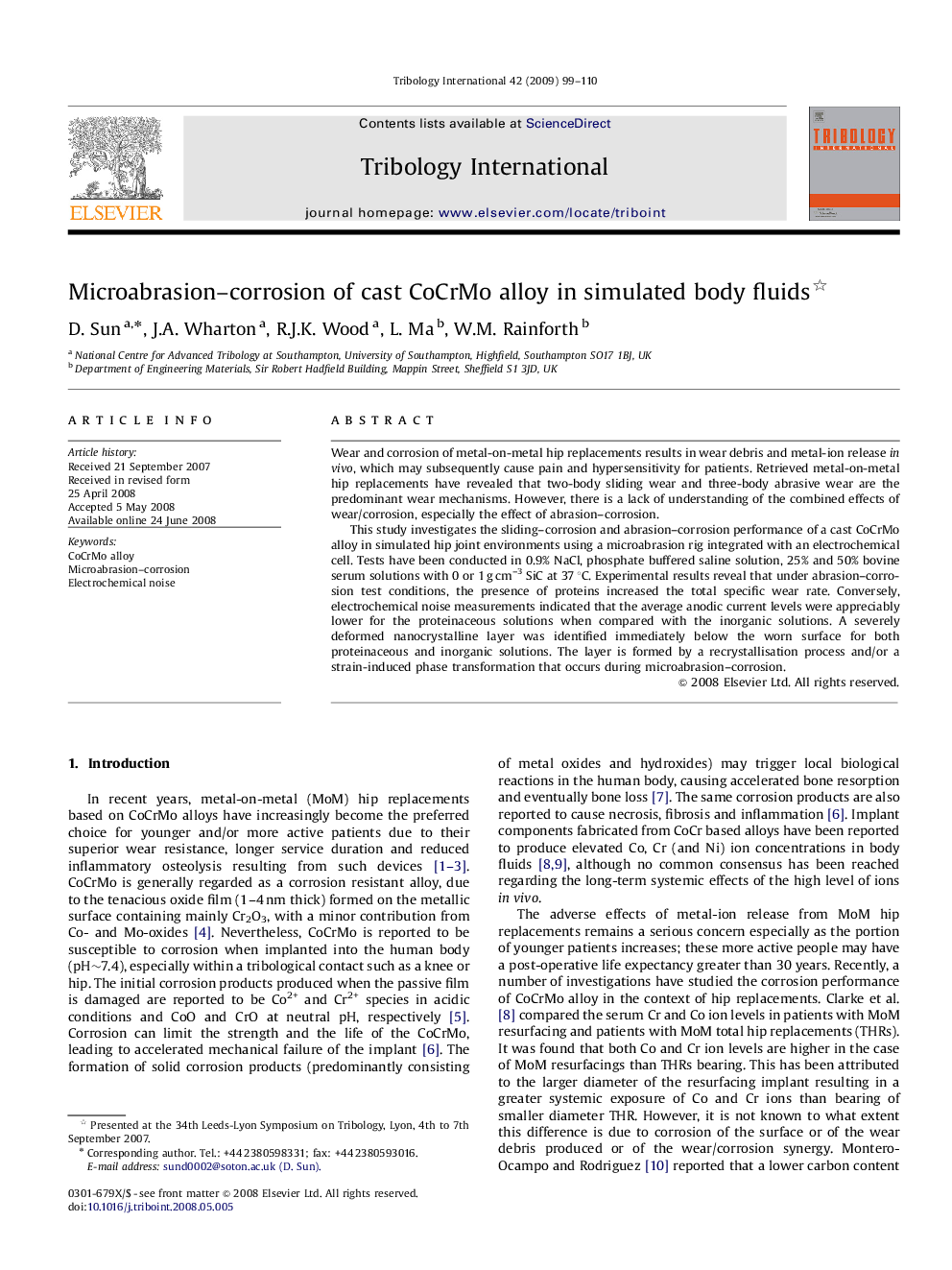 Microabrasion–corrosion of cast CoCrMo alloy in simulated body fluids 