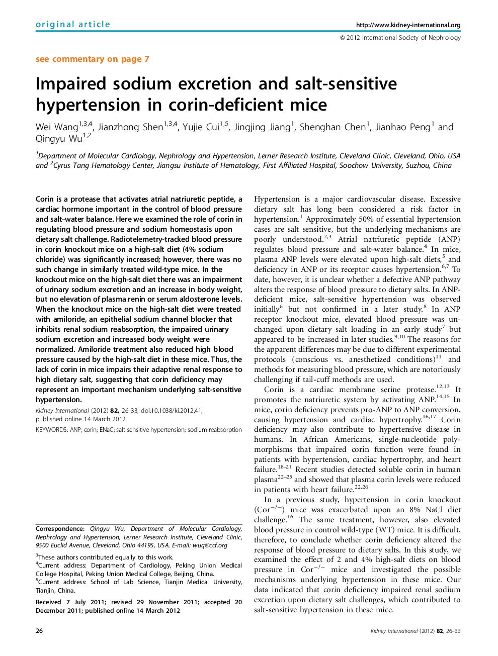 Impaired sodium excretion and salt-sensitive hypertension in corin-deficient mice