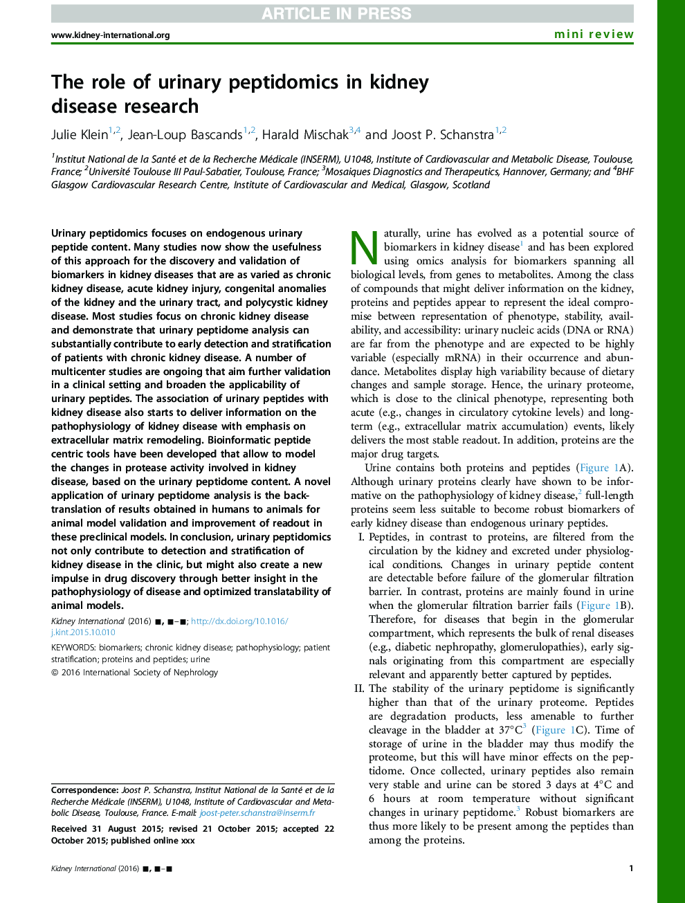 The role of urinary peptidomics in kidney diseaseÂ research