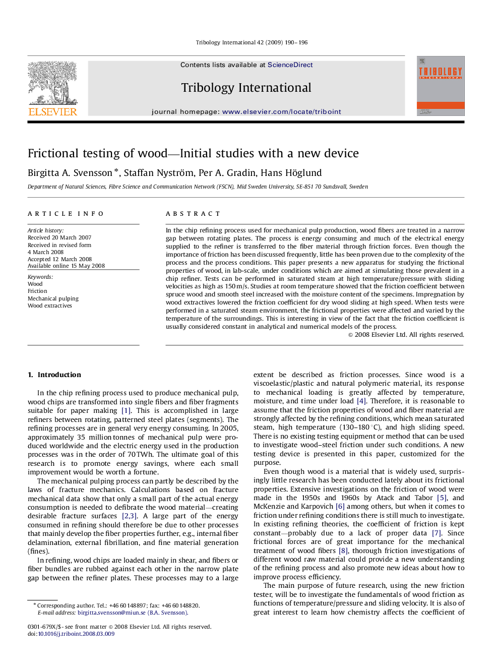 Frictional testing of wood—Initial studies with a new device