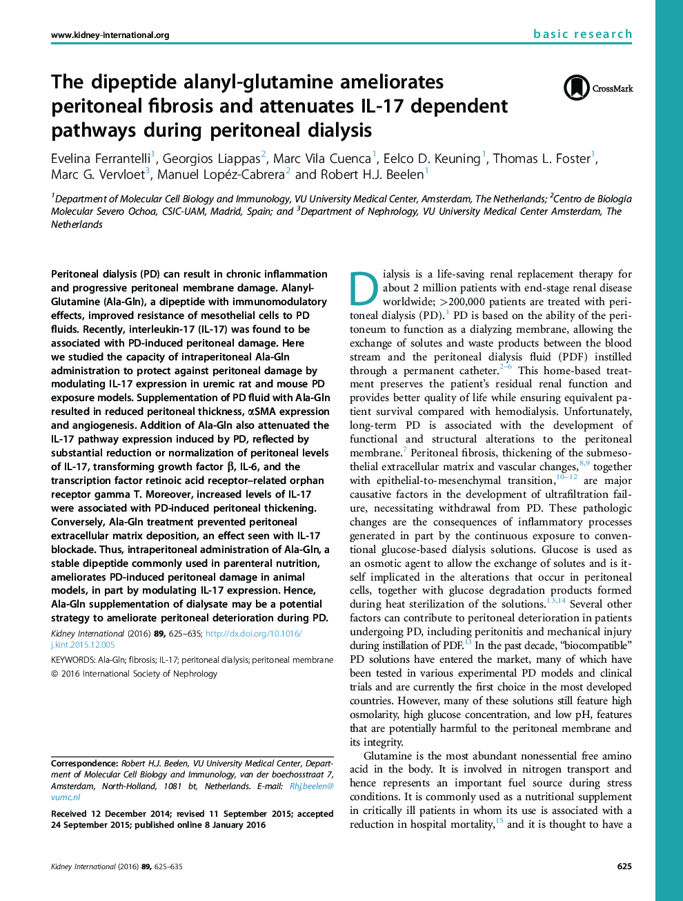 The dipeptide alanyl-glutamine ameliorates peritoneal fibrosis and attenuates IL-17 dependent pathways during peritoneal dialysis