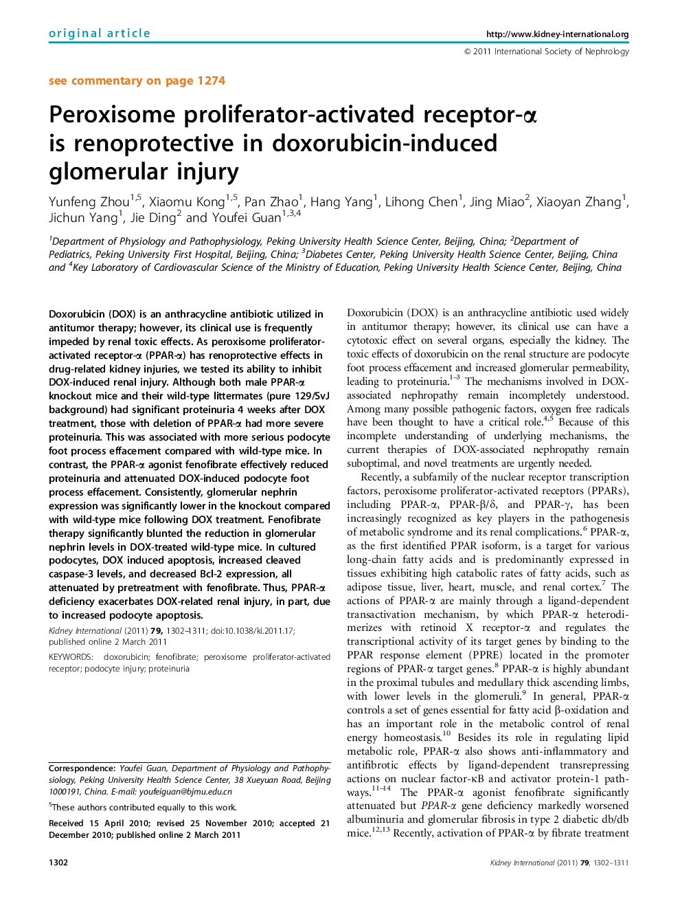 Peroxisome proliferator-activated receptor-Î± is renoprotective in doxorubicin-induced glomerular injury