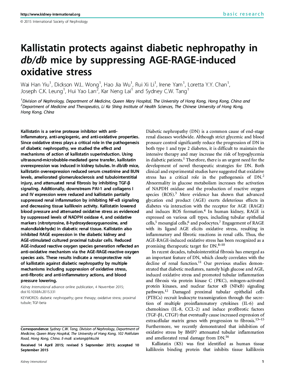 Kallistatin protects against diabetic nephropathy inÂ db/db mice by suppressing AGE-RAGE-induced oxidative stress