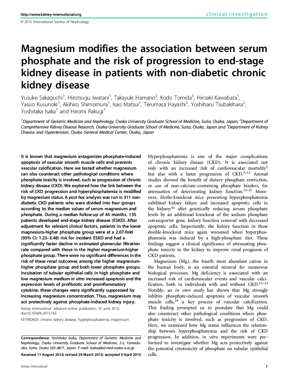 Magnesium modifies the association between serum phosphate and the risk of progression to end-stage kidney disease in patients with non-diabetic chronic kidney disease
