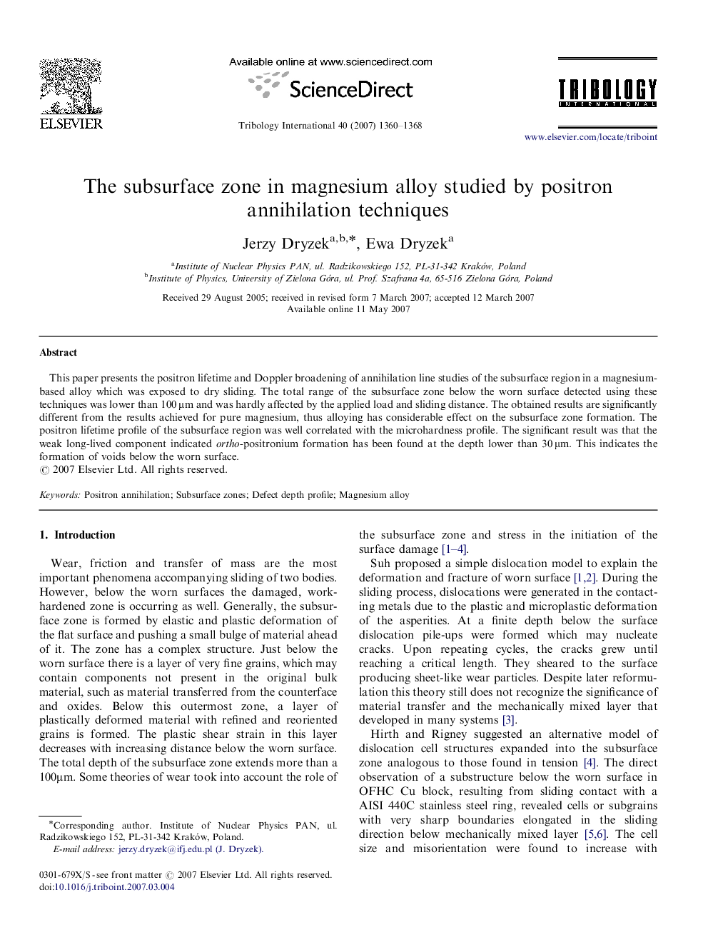 عکس صفحه اول مقاله: The subsurface zone in magnesium alloy studied by positron annihilation techniques The subsurface zone in magnesium alloy studied by positron annihilation techniques