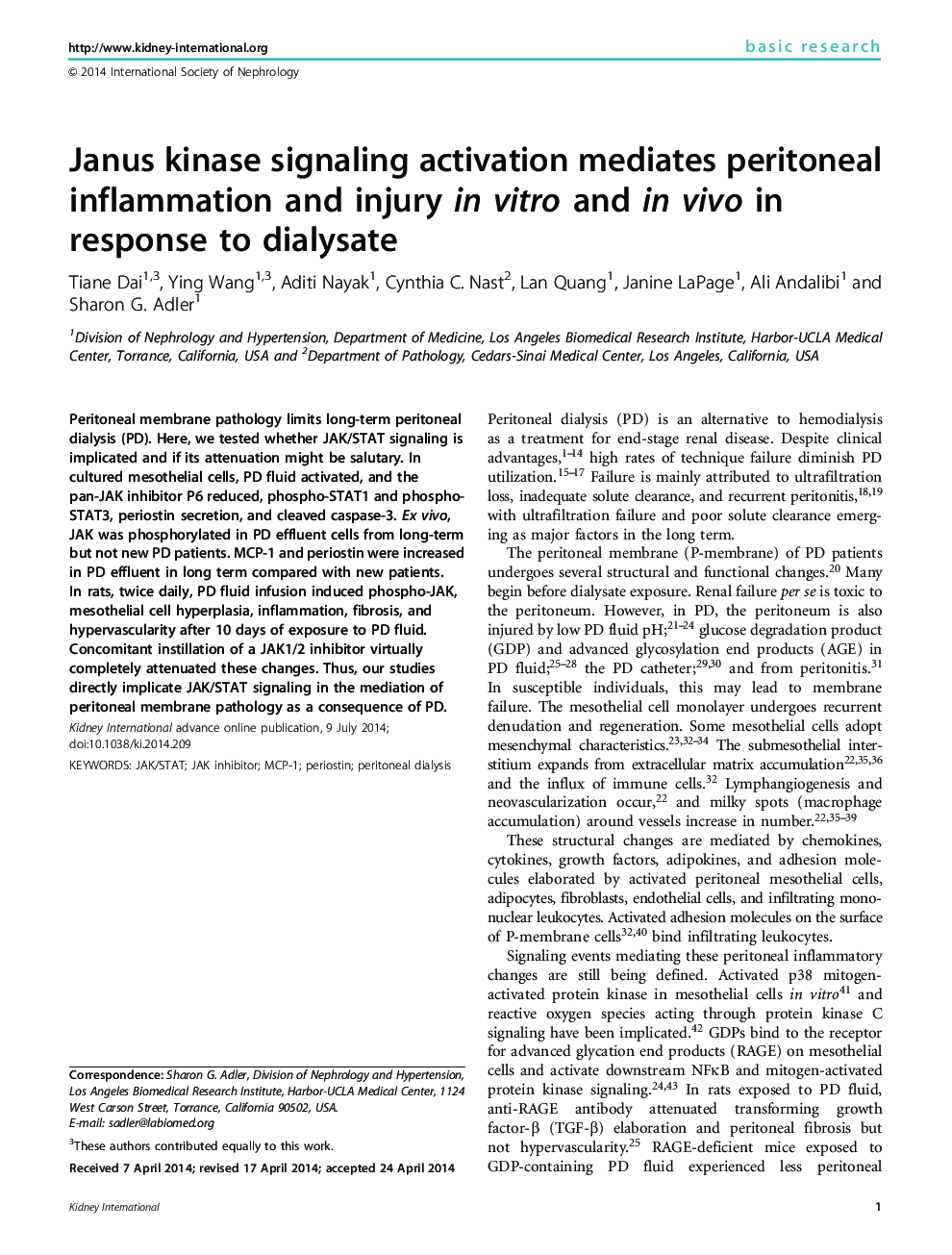 Janus kinase signaling activation mediates peritoneal inflammation and injury in vitro and in vivo in response to dialysate