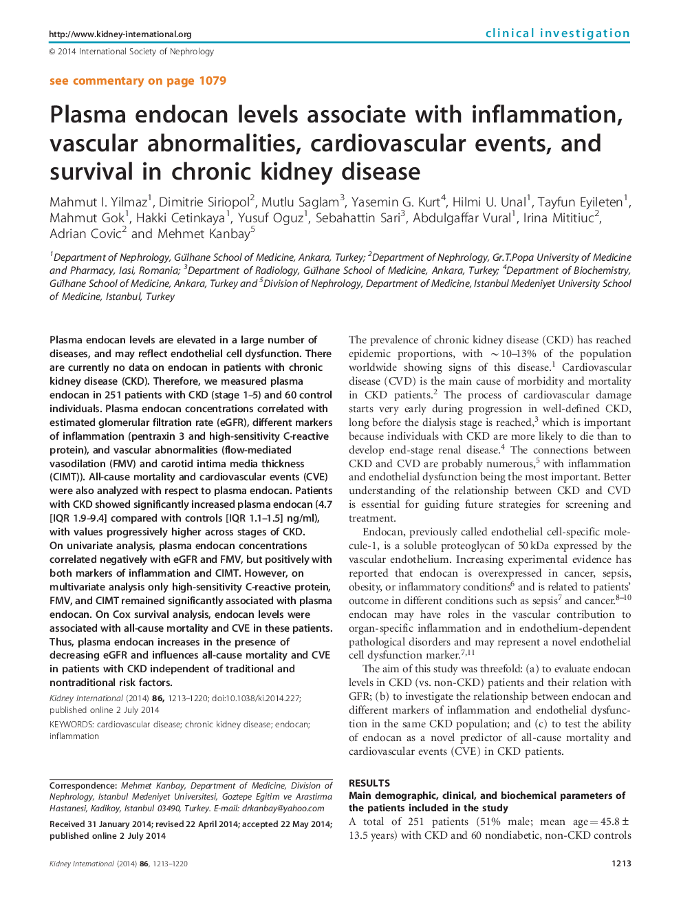 Plasma endocan levels associate with inflammation, vascular abnormalities, cardiovascular events, and survival in chronic kidney disease