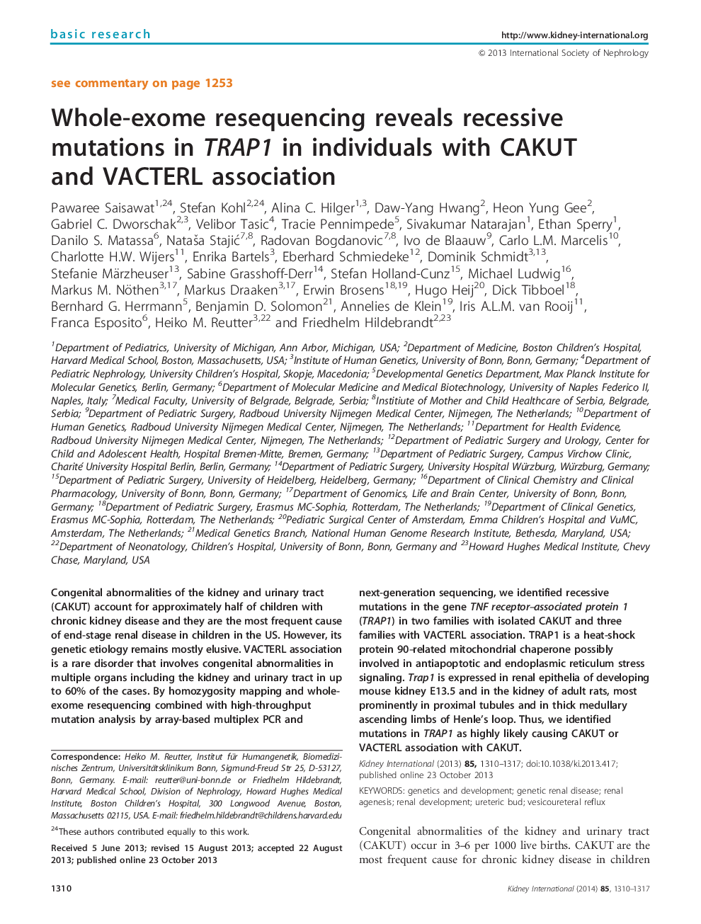 Whole-exome resequencing reveals recessive mutations in TRAP1 in individuals with CAKUT and VACTERL association