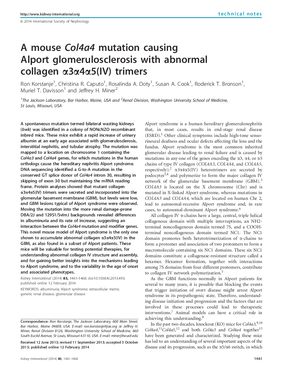 A mouse Col4a4 mutation causing Alport glomerulosclerosis with abnormal collagen Î±3Î±4Î±5(IV) trimers
