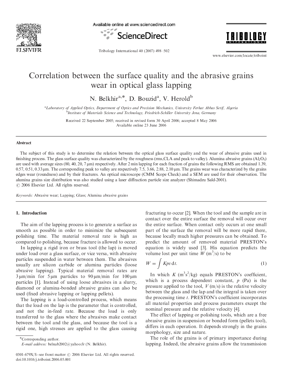 Correlation between the surface quality and the abrasive grains wear in optical glass lapping