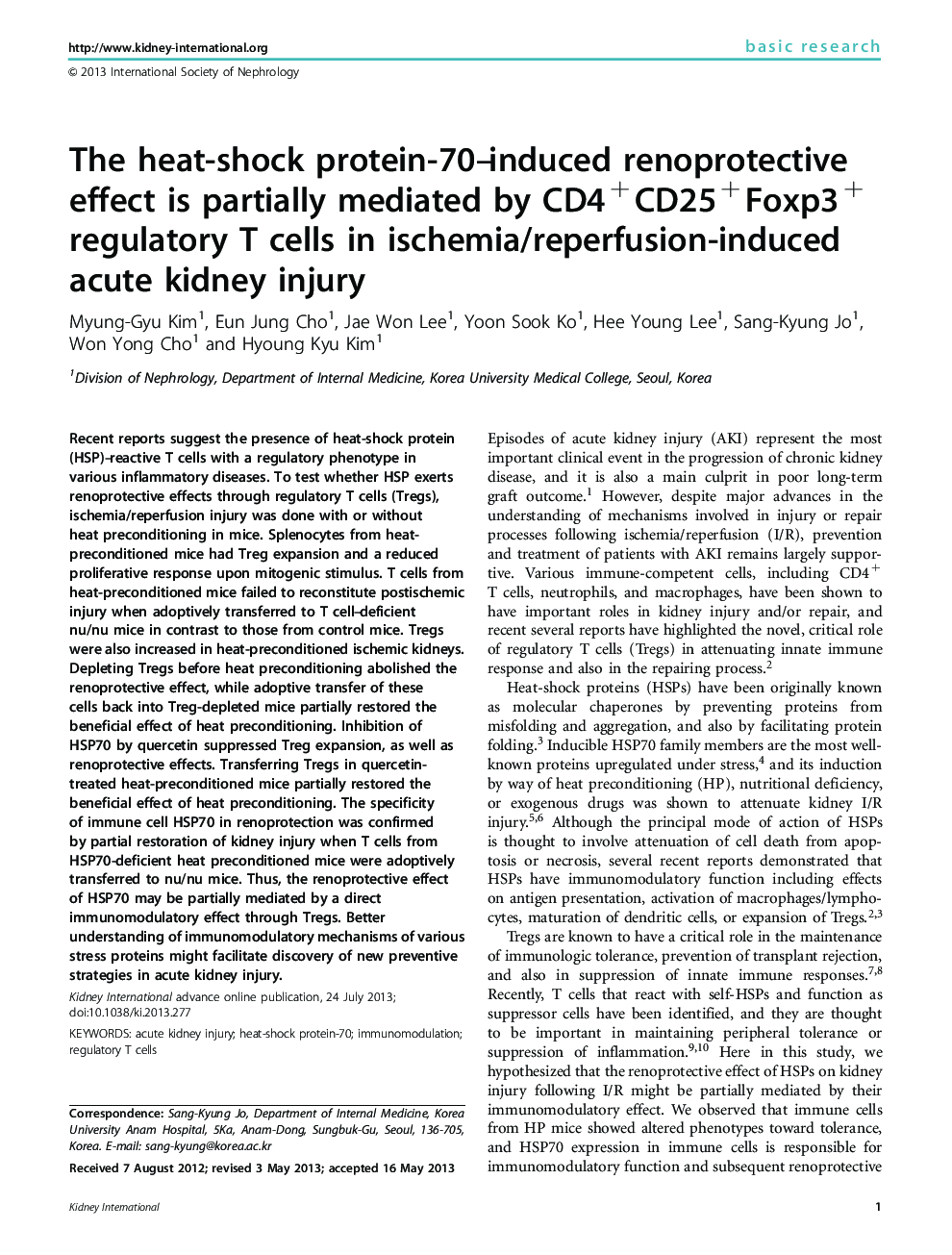 The heat-shock protein-70-induced renoprotective effect is partially mediated by CD4+CD25+Foxp3+ regulatory T cells in ischemia/reperfusion-induced acute kidney injury