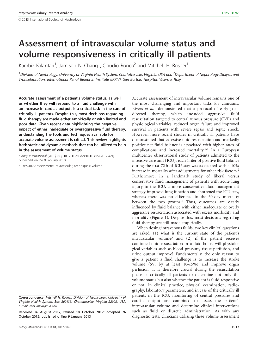 Assessment of intravascular volume status and volume responsiveness in critically ill patients