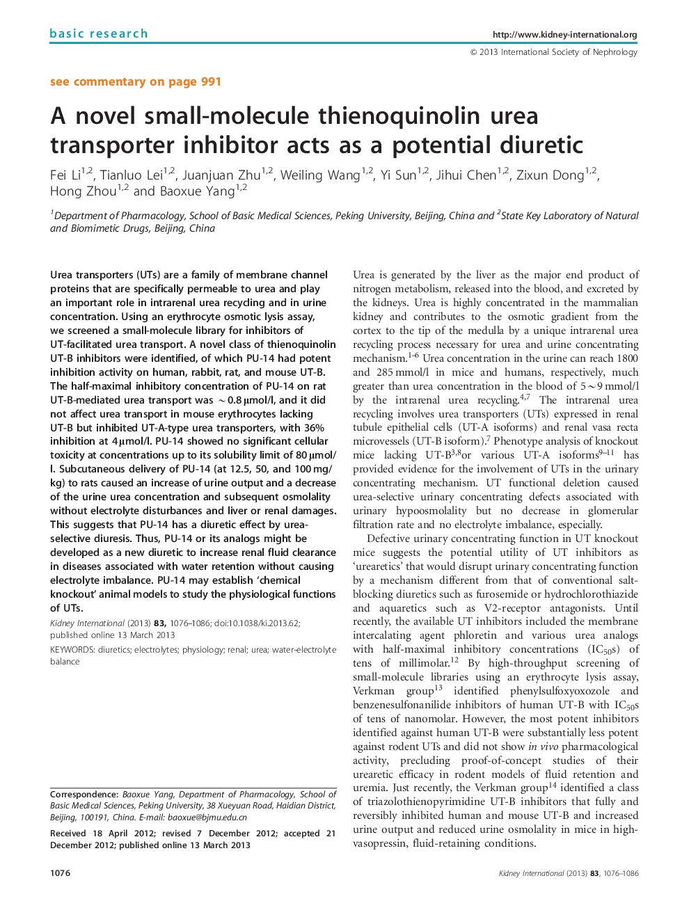 A novel small-molecule thienoquinolin urea transporter inhibitor acts as a potential diuretic