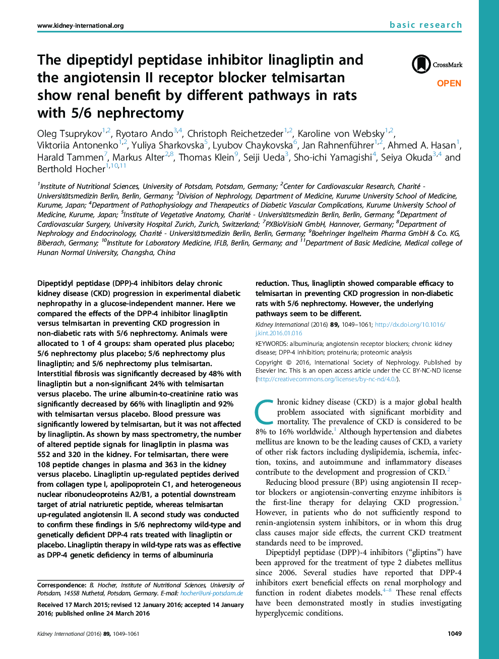 The dipeptidyl peptidase inhibitor linagliptin and the angiotensin II receptor blocker telmisartan show renal benefit by different pathways in rats with 5/6 nephrectomy