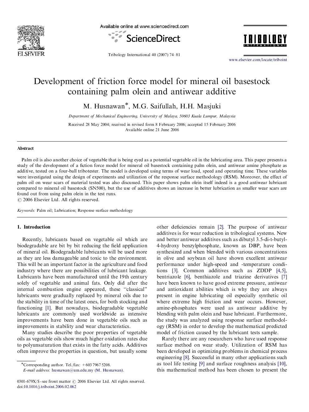 Development of friction force model for mineral oil basestock containing palm olein and antiwear additive