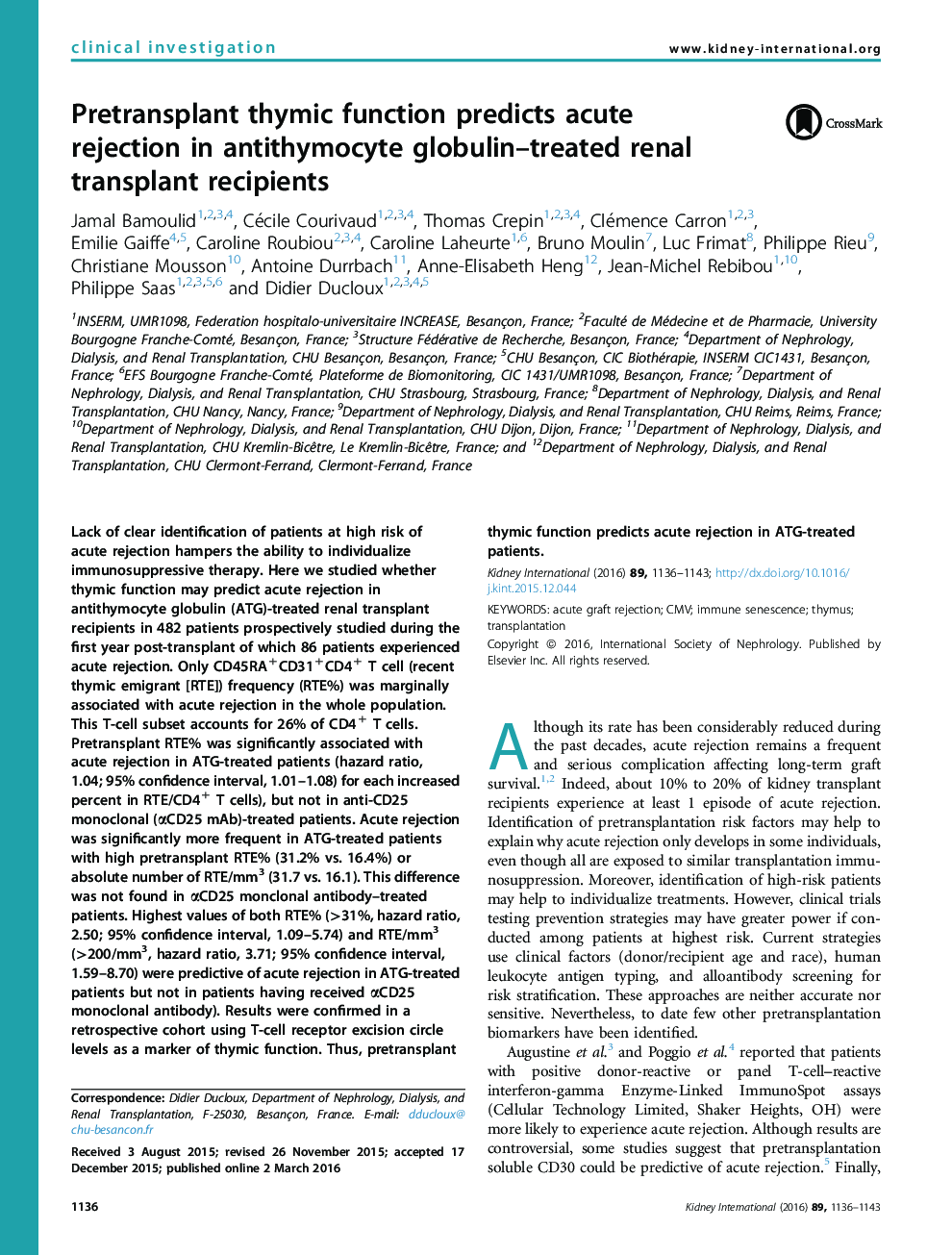 Pretransplant thymic function predicts acute rejection in antithymocyte globulin-treated renal transplant recipients