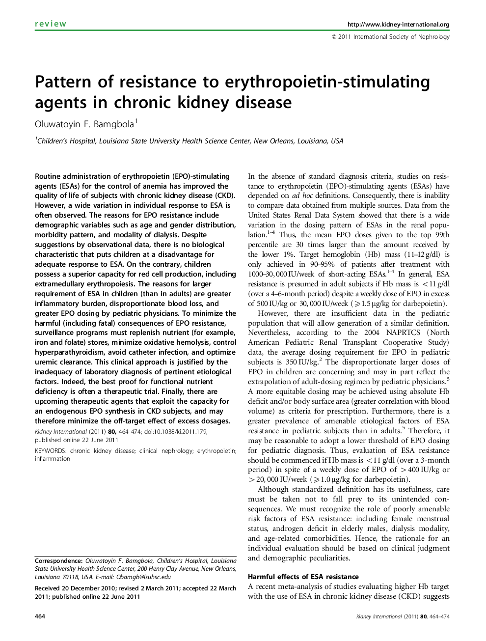 Pattern of resistance to erythropoietin-stimulating agents in chronic kidney disease