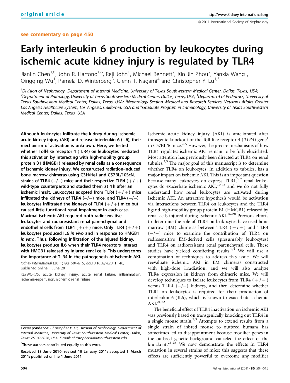 Early interleukin 6 production by leukocytes during ischemic acute kidney injury is regulated by TLR4