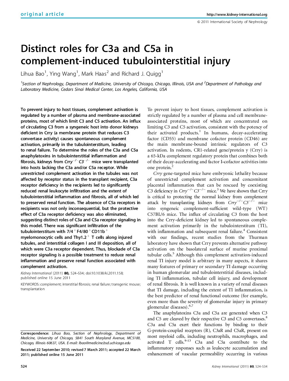 Distinct roles for C3a and C5a in complement-induced tubulointerstitial injury