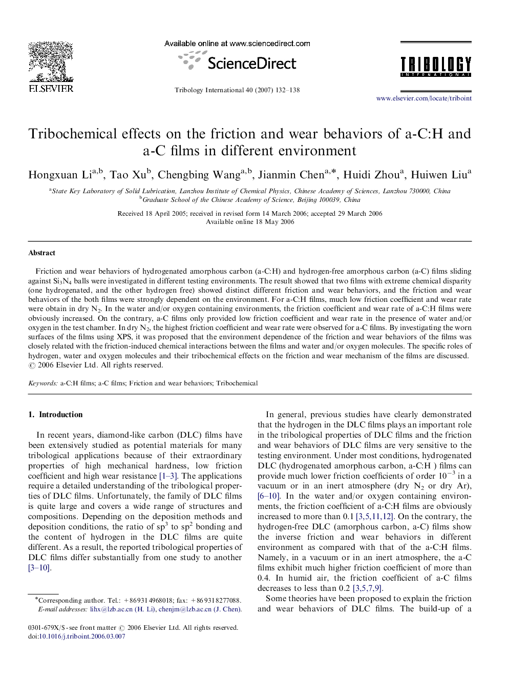 Tribochemical effects on the friction and wear behaviors of a-C:H and a-C films in different environment