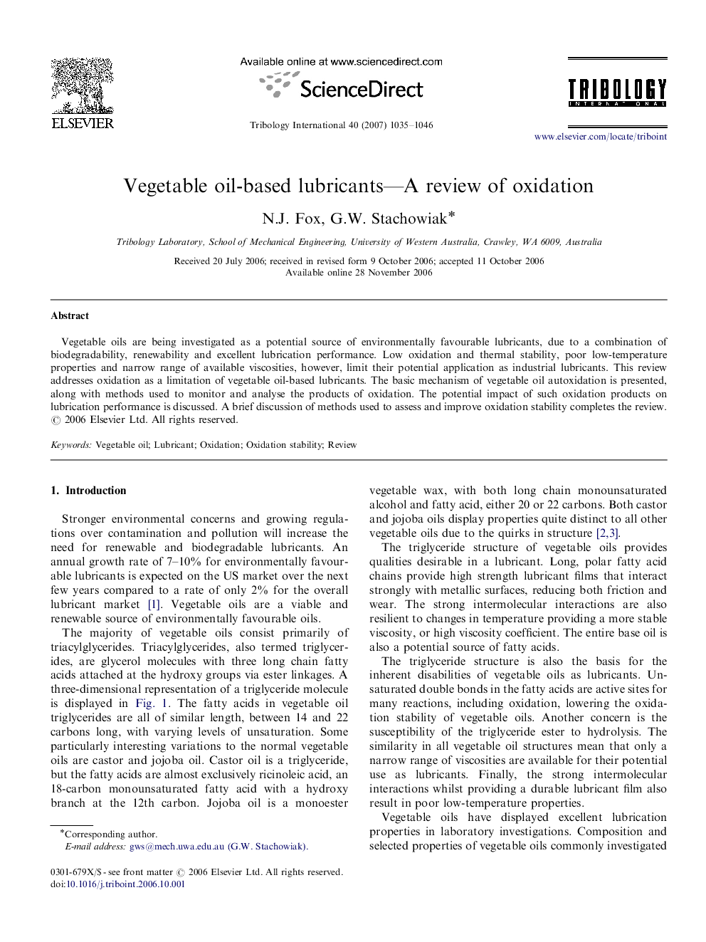 Vegetable oil-based lubricants—A review of oxidation