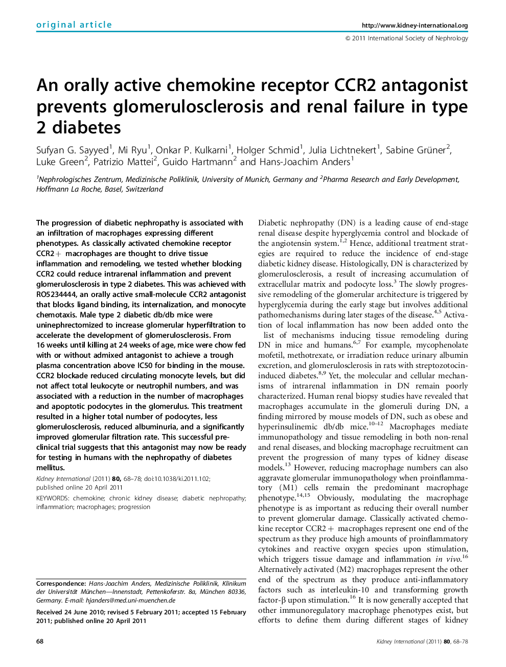 An orally active chemokine receptor CCR2 antagonist prevents glomerulosclerosis and renal failure in type 2 diabetes