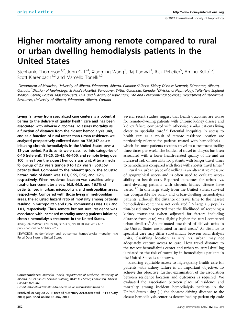 Higher mortality among remote compared to rural or urban dwelling hemodialysis patients in the United States