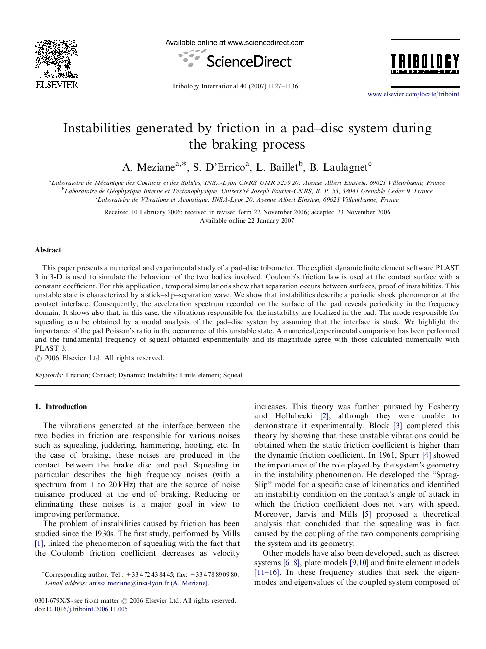 Instabilities generated by friction in a pad-disc system during the braking process