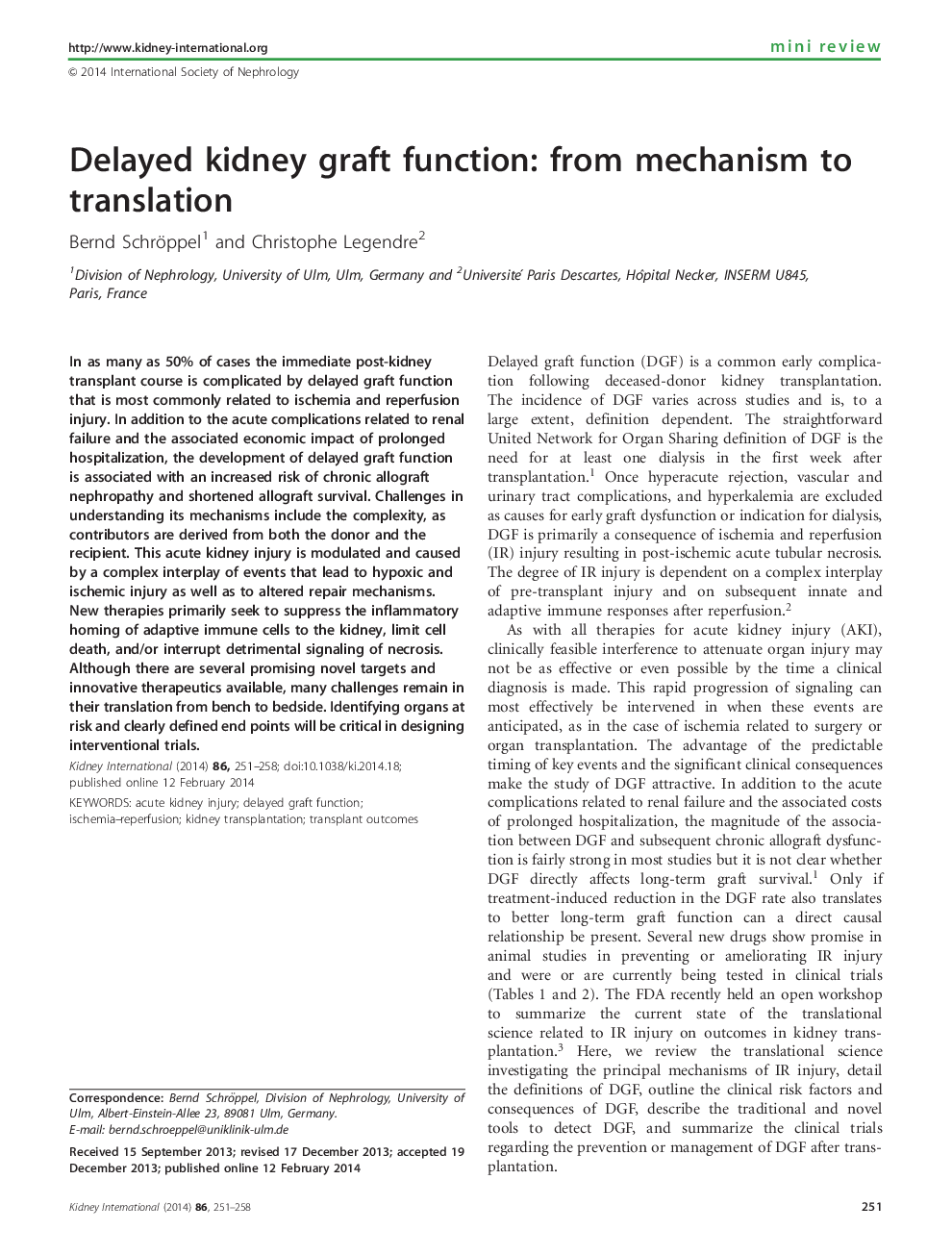 Delayed kidney graft function: from mechanism to translation