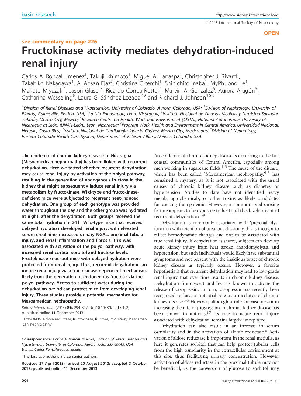 Fructokinase activity mediates dehydration-induced renal injury