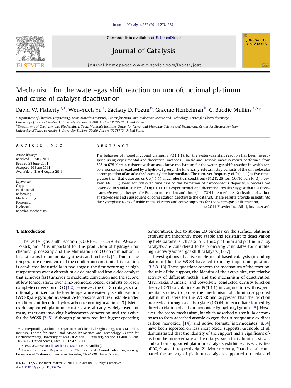 Mechanism for the water–gas shift reaction on monofunctional platinum and cause of catalyst deactivation